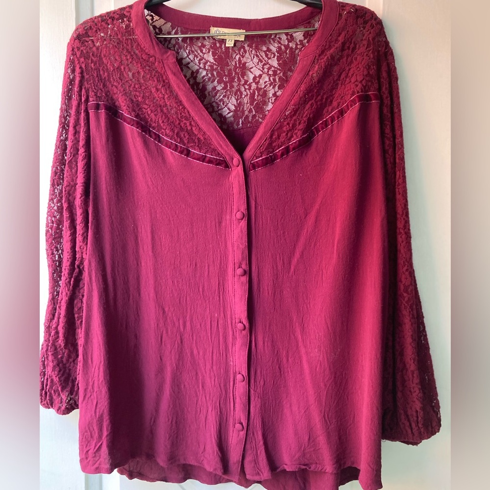 Women's Burgundy Lace Button-Up Top